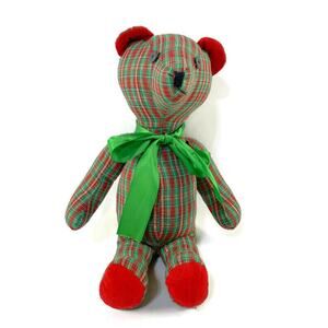 Teddy Bear Cloth Plush Green and Red Plaid With Green Bow Tie 18 Inches Tall